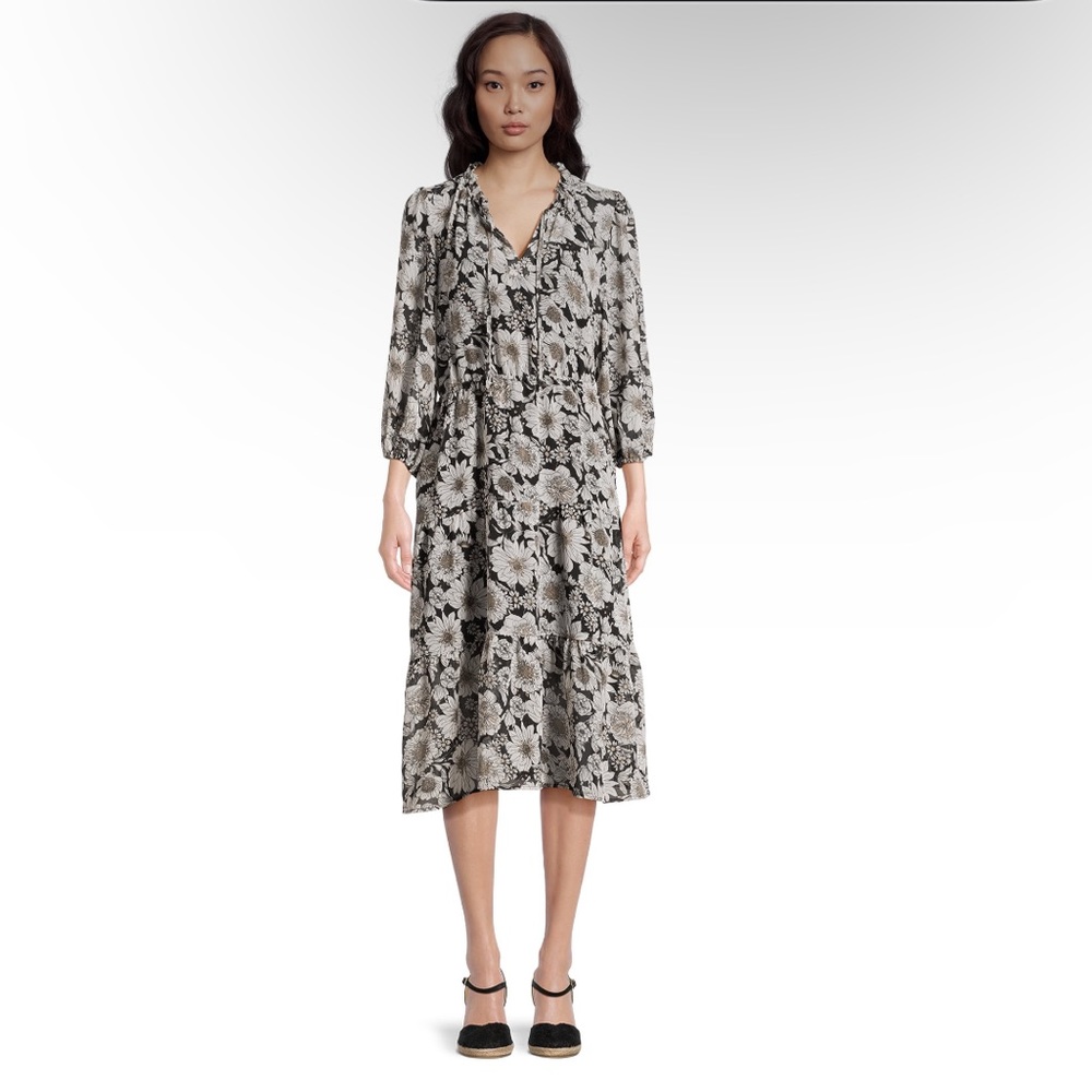 NWT Time & Tru floral tier midi dress size Large black and white